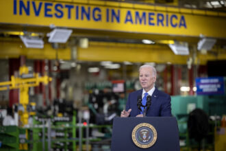 In Fridley, Minnesota, President Joe Biden in April visited the Cummins Power Generation Facility, the first electrolyzer manufacturing facility in the United States. Electrolyzers use an electric current to separate water into oxygen and hydrogen. Credit: Elizabeth Flores/Star Tribune via Getty Images.