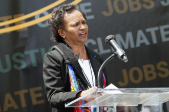 Brenda Mallory, chair of the White House Council on Environmental Quality, speaks at the Fight for Our Future: Rally for Climate, Care, Jobs & Justice in Lafayette Square near The White House last year. Credit: Paul Morigi/Getty Images for Green New Deal Network
