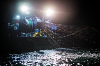 Fishermen pull up fish in their gillnet during a midwater pair trawl on the Gulf of Gascony sea, off the coast of France, on Jan. 8, 2020. Protecting high seas ecosystems would also benefit commercial fisheries nearer to the shore by boosting overall fish stocks. Credit: Loic Venance/AFP via Getty Images