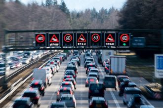 Dense traffic on Autobahn 8 in Germany. Credit: Matthias Balk/picture alliance via Getty Images