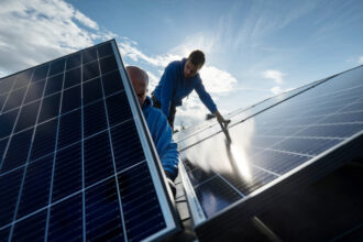 Employees of Sontec GmbH assemble photovoltaic modules on the roof of a residential building in Germany.