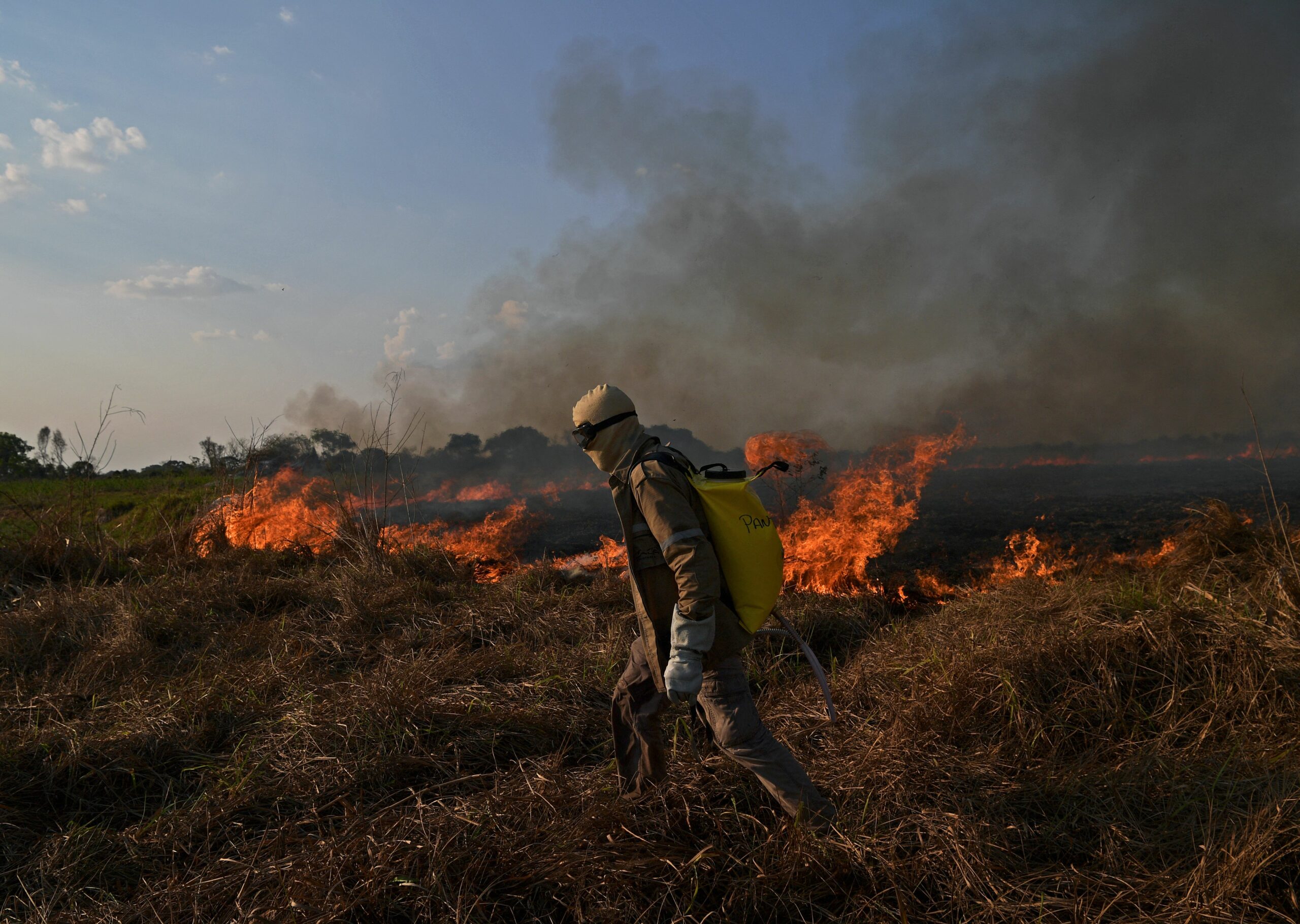 A conservationist with the NGO Panthera fights a fire in Porto Jofre, the Pantanal of Mato Grosso state, Brazil, on September 4, 2021. The Amazon, home to more than three million species, has long absorbed large amounts of carbon dioxide emissions, but some research has shown it recently emitting more CO2 than it absorbs due to wildfires, deforestation and declining forest health. Credit: Carl De Souza/AFP via Getty Images