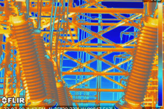 A thermal image of SF6-containing electrical equipment at a Duke Energy substation. The image does not show any leaks. Credit: Phil McKenna