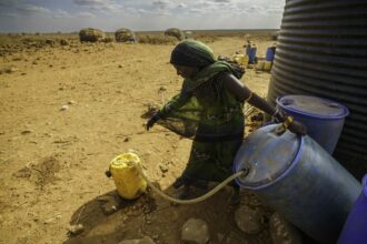 A woman in Kenya tips a container to drain water into a smaller vessel in the village of Yaa Galbo. Water trucks periodically supply remote villages if wells and boreholes go dry. Credit: Larry C. Price