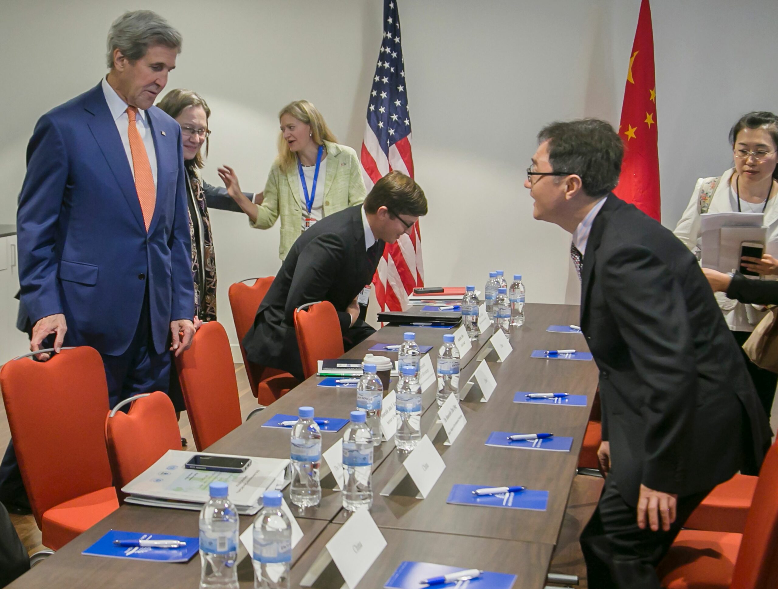 Former Secretary of State John Kerry and Chinese Deputy Minister of Environmental Protection Zhai Qing arrive for a bilateral meeting on the sidelines of the 28th Meeting of the Parties to the Montreal Protocol in Kigali on October 14, 2016. Credit: Cyril Ndegeya/AFP via Getty Images