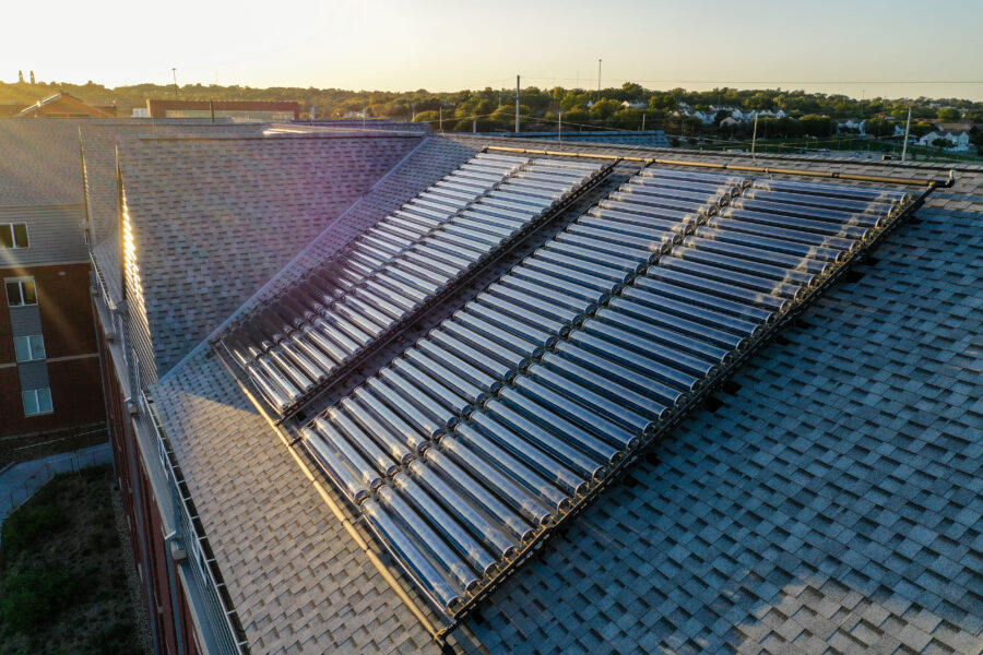 A new residence hall at Creighton University has a solar water heater. Pictured is one of two groups of solar collectors on the roof. Credit: Naked Energy