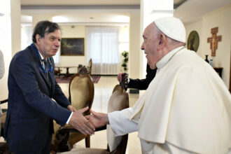 Earlier this month, Pope Francis met with Giorgio Parisi, 2021 Nobel Prize winner in physics, at the Vatican after issuing “Laudate Deum,” his exhortation on climate change. Credit: Vatican Media via Vatican Pool/Getty Images.