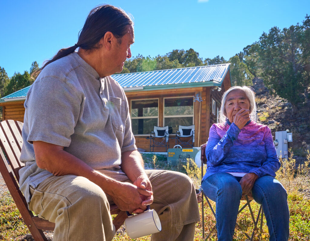 Rick Spilsbury, left, and his mother Delaine, right, recount the history of their family and the Ely Shoshone Tribe in on Thursday Oct. 5, 2023. Credit: Alex Gould