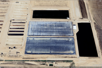 Covered manure lagoons or dairy digesters capture methane emissions as cow manure decomposes. The black plastic tarps at the North Dumas Farms appear to be collecting biogas as of November, 2022, but it remains unclear if the gas is being flared or injected into a gas pipeline for use as fuel. Credit: Google Earth